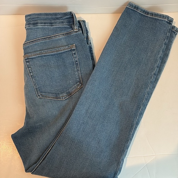 Good American crossover waist asymmetrical waist straight leg indigo blue jeans - Picture 15 of 16